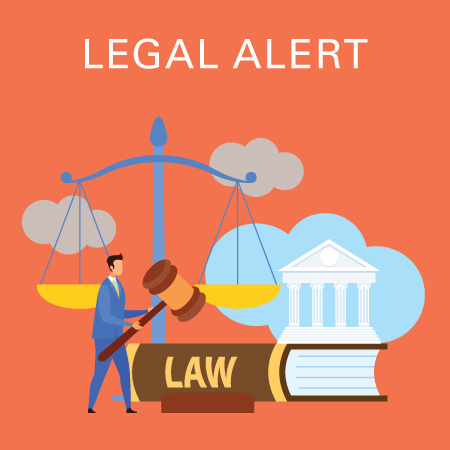 Legal alert with law book, balance, gavel, and government building